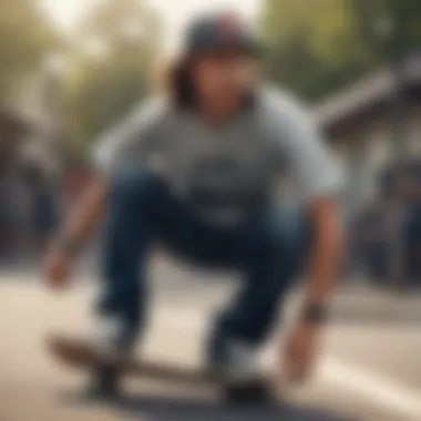 Skateboarder wearing Nike SB shirt in action