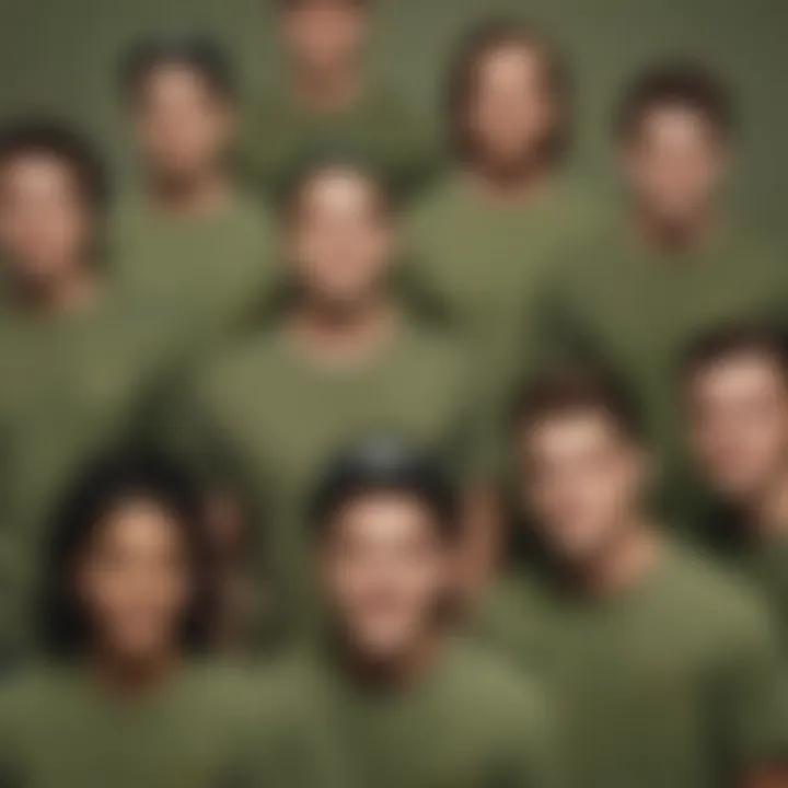 Group of skateboarders wearing various styles of olive green graphic tees.