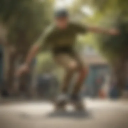 Stylish olive green graphic tee showcased on a skateboarder.