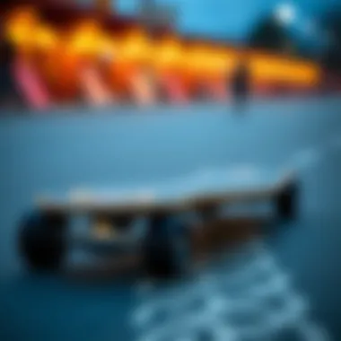 Detailed view of a drop through longboard showcasing its deck design