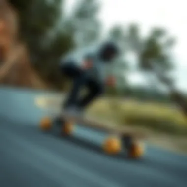 Rider demonstrating the smooth glide of a drop through longboard on a downhill slope