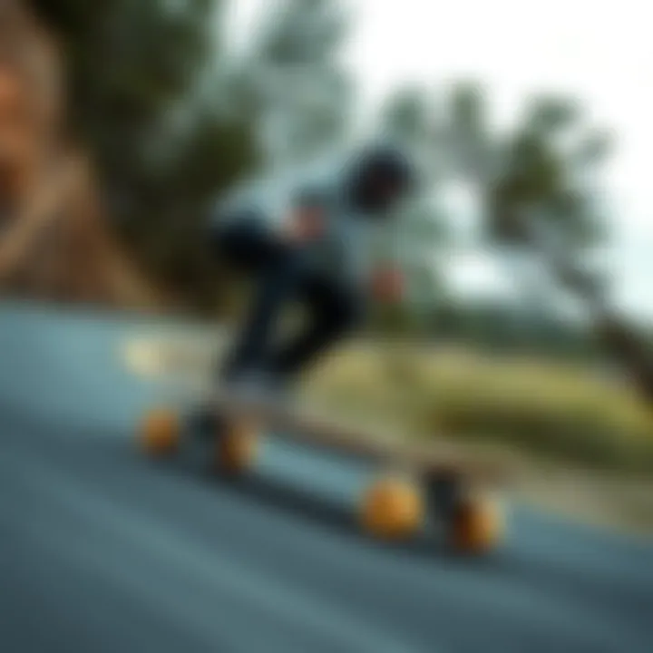 Rider demonstrating the smooth glide of a drop through longboard on a downhill slope