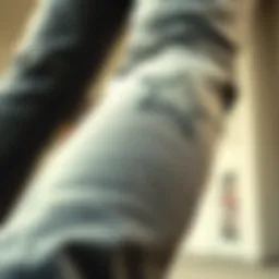 A close-up of rock star skinny jeans showcasing unique stitching and style.