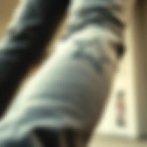 A close-up of rock star skinny jeans showcasing unique stitching and style.