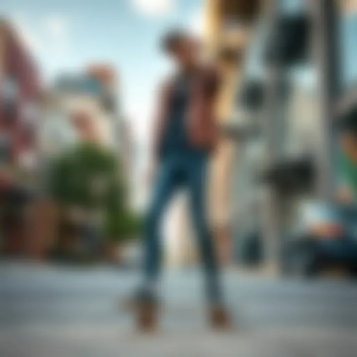 A fashion-forward individual in a vibrant urban setting displaying their skinny jeans.