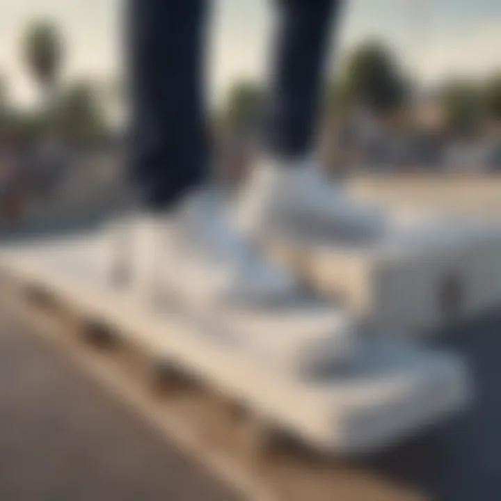 Group of skateboarders displaying their white stacked vans at a skate park