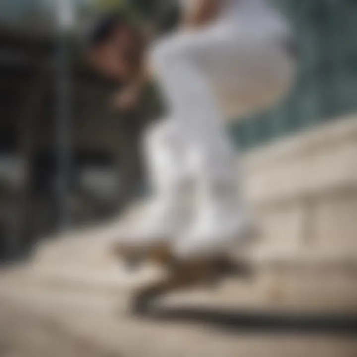 Skateboarder performing tricks while wearing white stacked vans