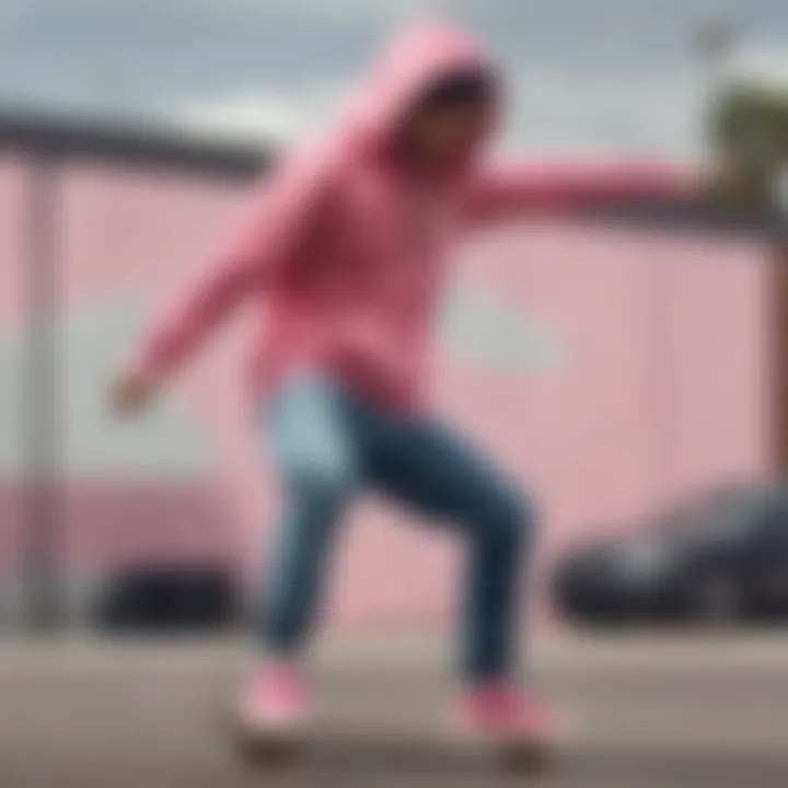 Stylish outfit combining the pink Nike hoodie with skateboarding gear