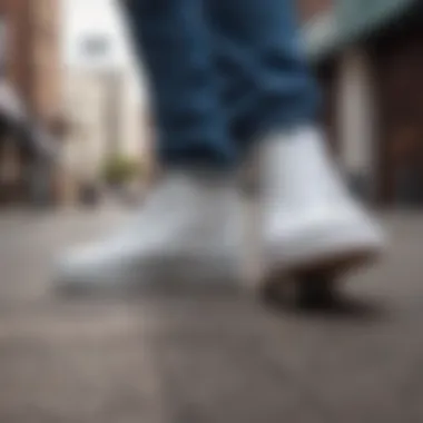 Street fashion showcasing white vans in urban setting