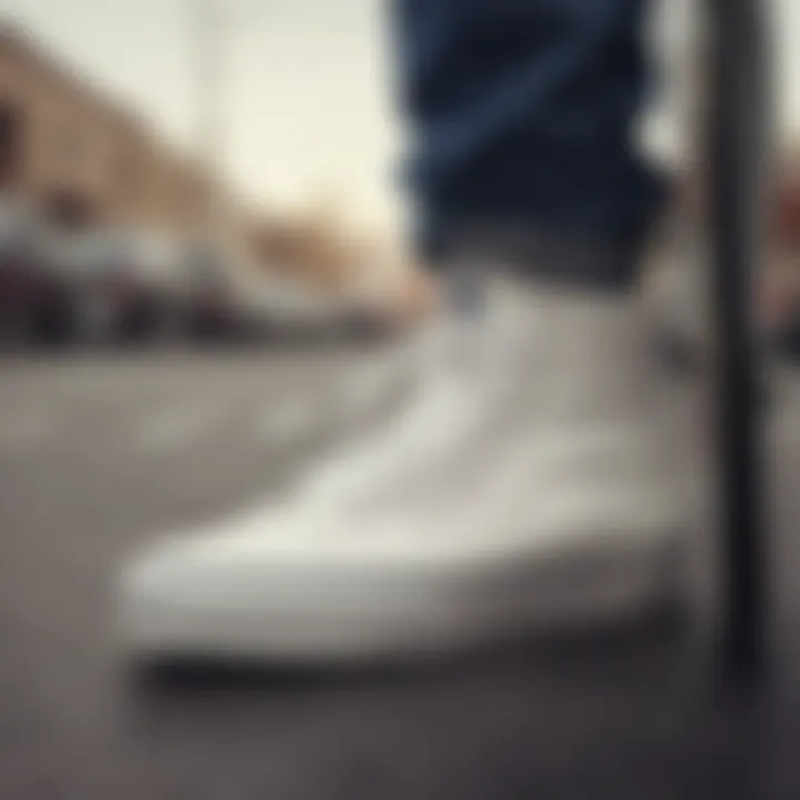 Close-up of white vans footwear with skateboarding gear