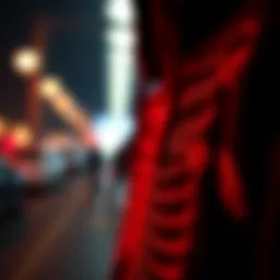 Close-up of the red rhinestone detail on the hoodie