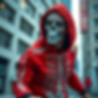 Skater wearing a red rhinestone skeleton hoodie in an urban setting