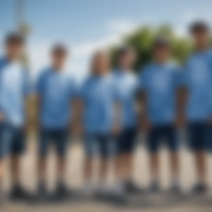 A group of skateboarders wearing blue tie dye t-shirts, representing community and identity.