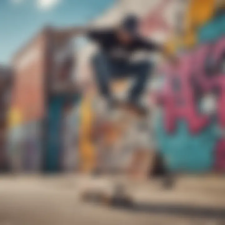 Skateboarder performing a trick against a vibrant graffiti backdrop