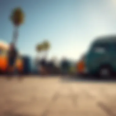 Skateboarders enjoying a community event, surrounded by an array of vans that reflect the skate culture.