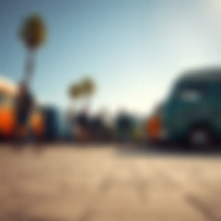 Skateboarders enjoying a community event, surrounded by an array of vans that reflect the skate culture.