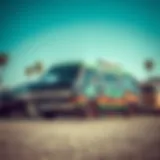 A vibrant collection of customized vans parked at Puente Hills, showcasing artistic designs and unique features.