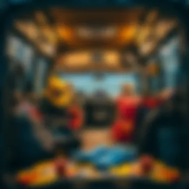 A close-up of skateboard gear and van interiors, highlighting the blend of lifestyle and skateboarding.