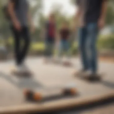 Group of diverse riders enjoying mini cruiser skateboards at a park