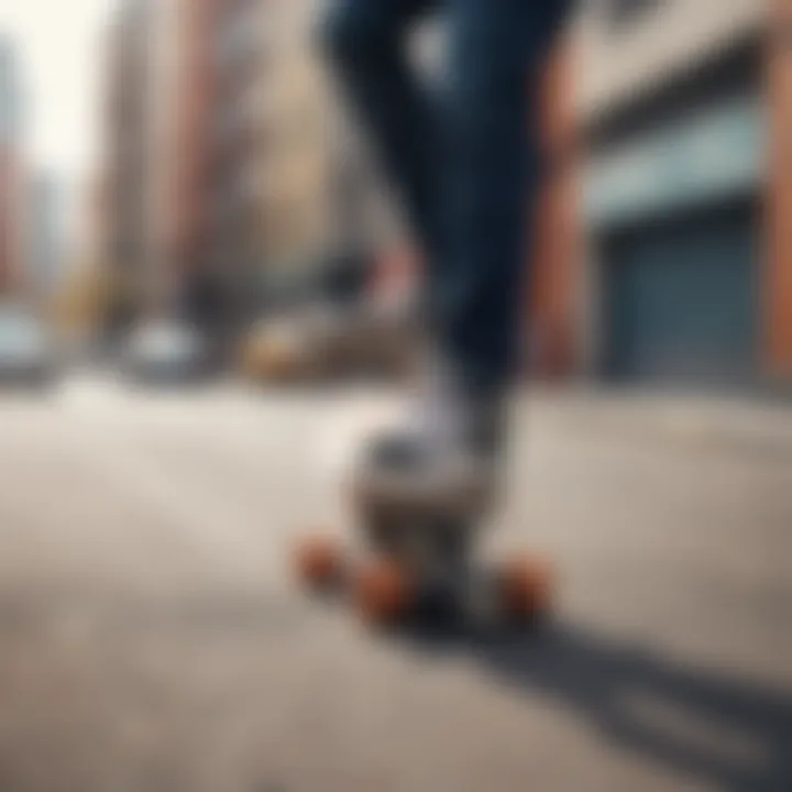 Skater performing tricks on a mini cruiser skateboard in an urban setting