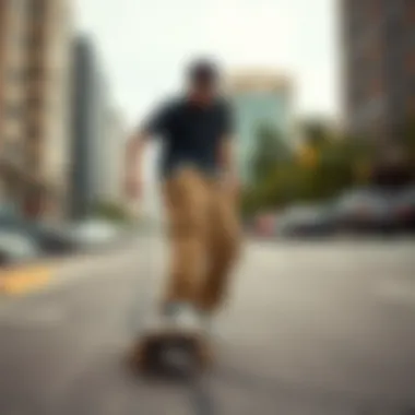 Skateboarder wearing Tripp cargo pants in an urban setting