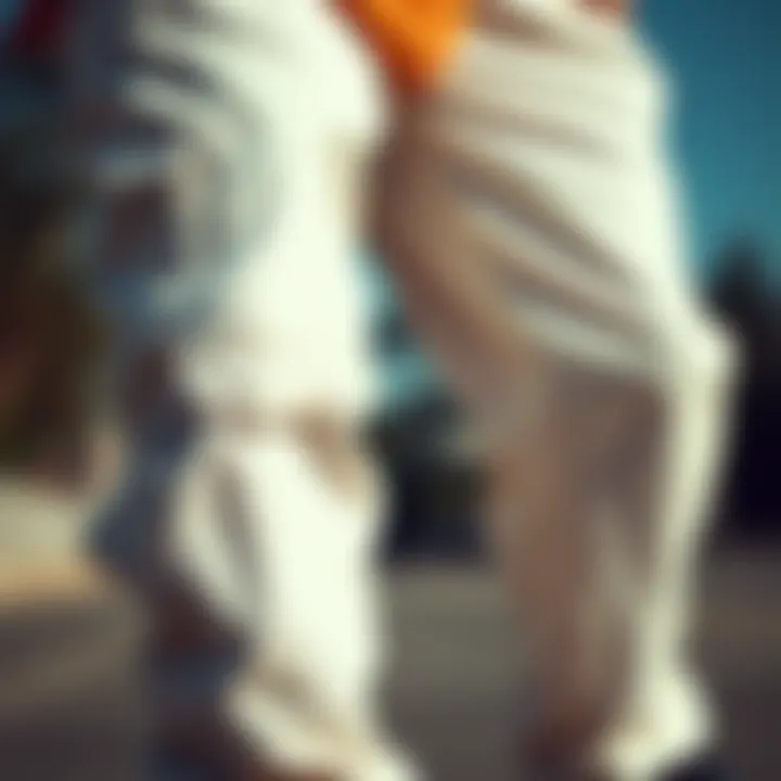 Close-up of the fabric texture and pockets of white cargo joggers