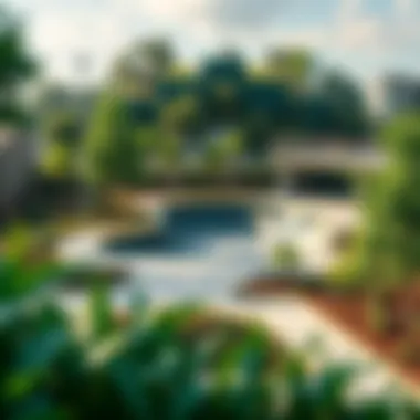 A sustainable skate park surrounded by greenery, emphasizing environmental integration