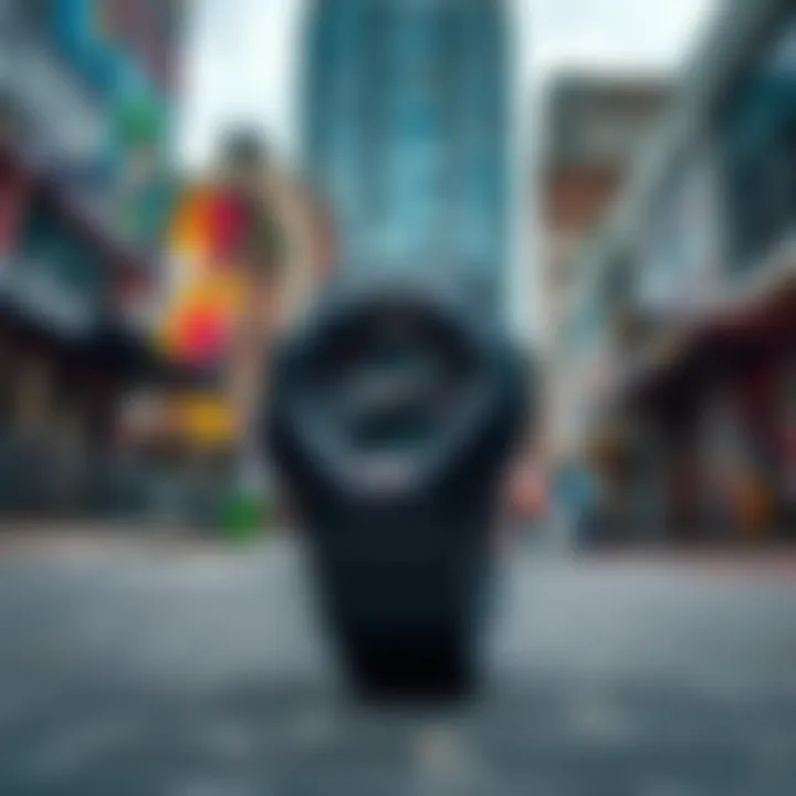 G-Shock GA2100 Black against a dynamic urban backdrop