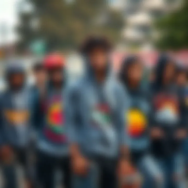 A group of skateboarders displaying unique hoodie designs