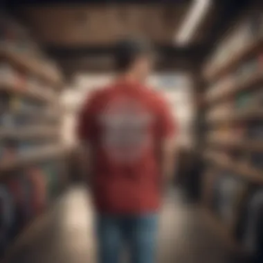 A collection of vibrant graphic logo t-shirts displayed in a skate shop.