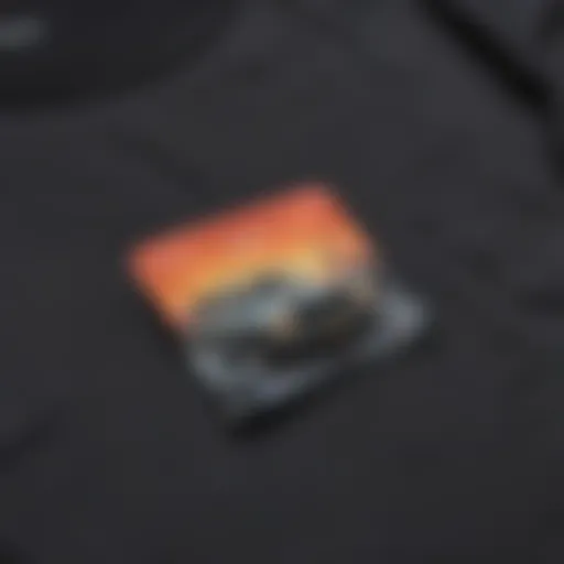 A close-up view of a graphic pocket t-shirt showcasing unique artwork