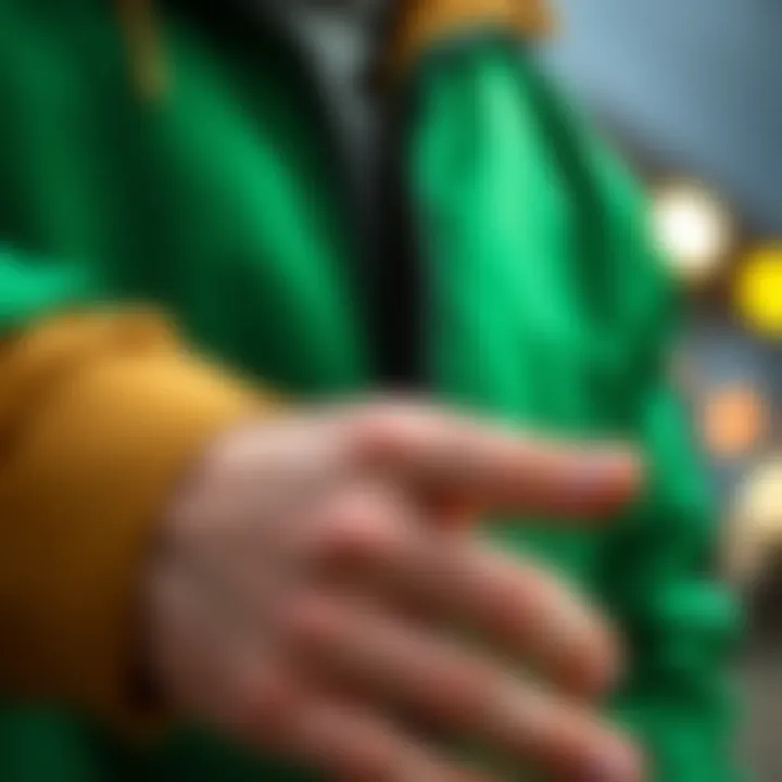 Close-up of green bomber jacket detailing and craftsmanship