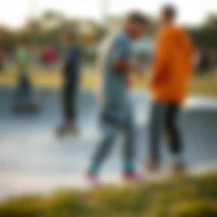 Group of skateboarders in Adidas joggers at a skatepark