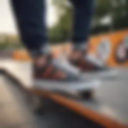 A stylish pair of Heelys shoes displayed on a skate park ramp