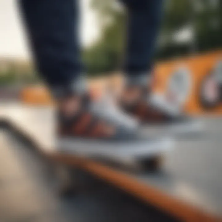 A stylish pair of Heelys shoes displayed on a skate park ramp