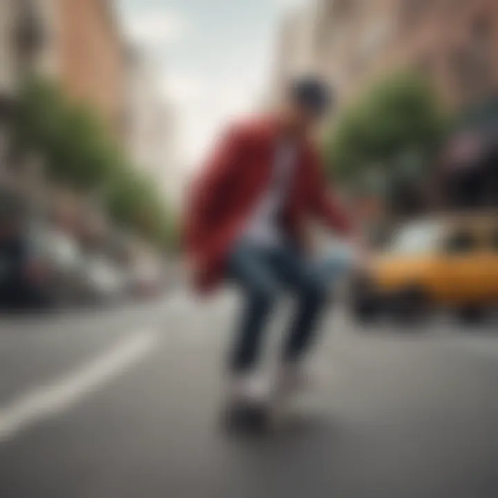 Skateboarder wearing HUF button-up in urban setting