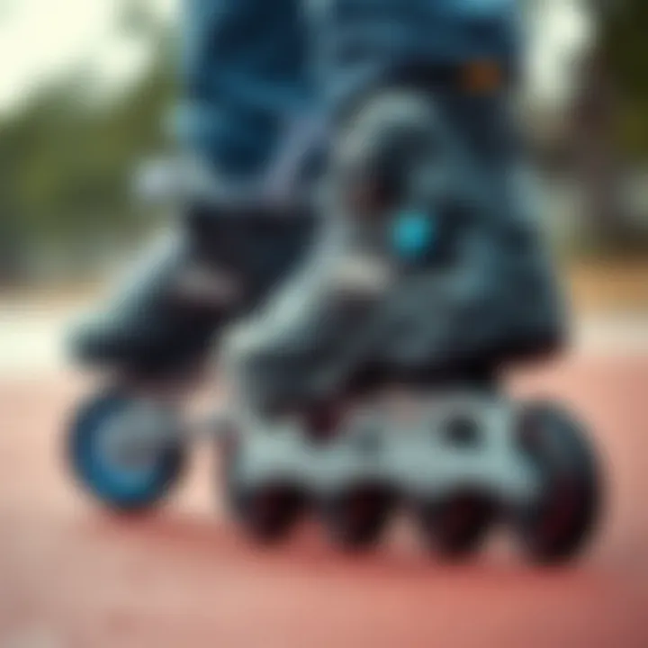 A close-up view of inline skates attached to shoes, showcasing their innovative design.