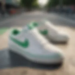 Close-up of white Nike shoes with a green swoosh in a skate park setting