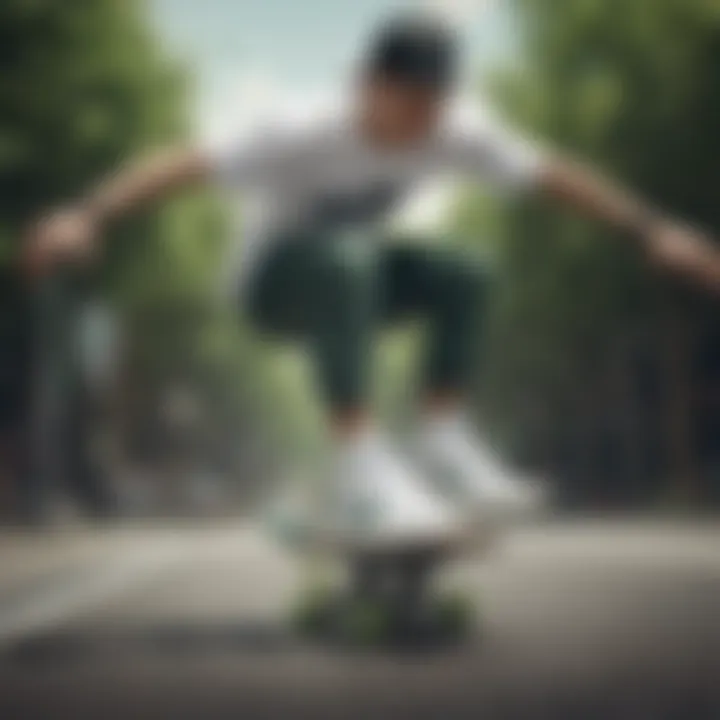 A skater performing tricks while wearing white Nikes with a green swoosh