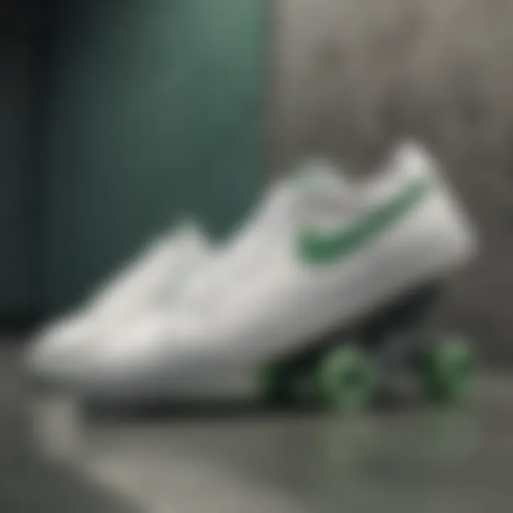 Stylish arrangement of white Nikes with a green swoosh alongside skateboarding gear