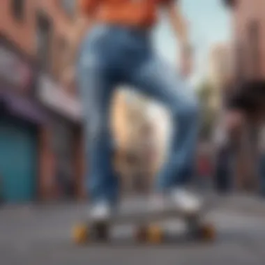 Skateboarding Culture Embracing JNCO Jeans A vibrant street scene capturing the essence of skateboarding culture with JNCO Jeans