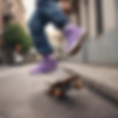 Skateboarder wearing Nike lilac sneakers performing tricks in an urban setting.