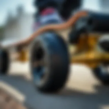 Close-up of the wheels and deck of the Magneto longboard