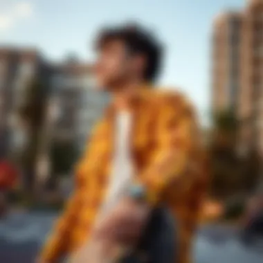 Skateboarder wearing yellow flannel in an urban setting