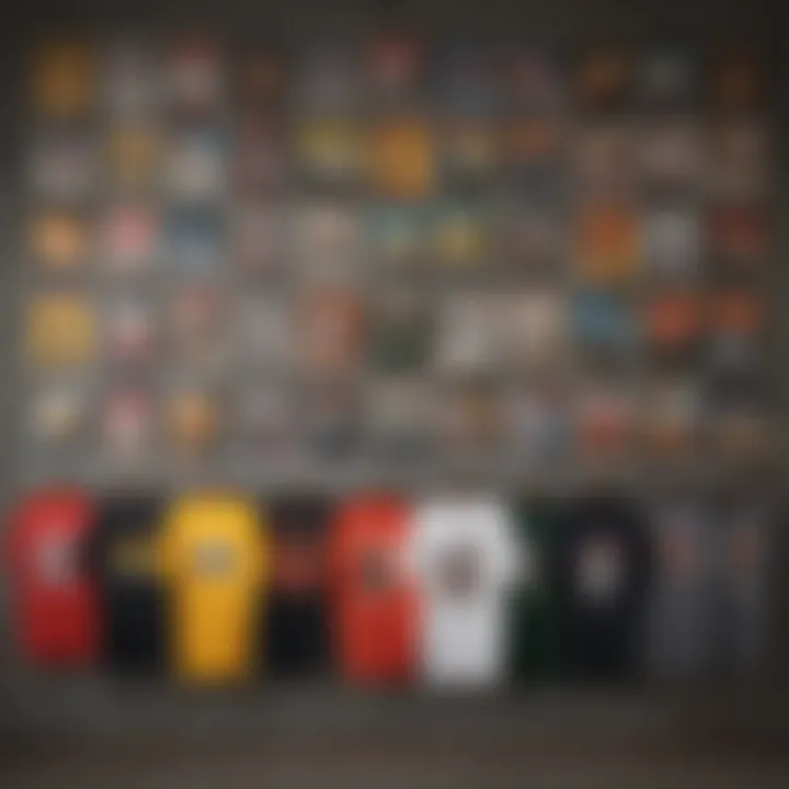 A collection of various Mitchell & Ness vintage tees displayed on a wall