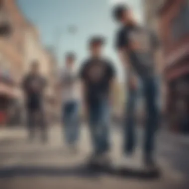 A group of skateboarders wearing Mitchell & Ness vintage tees in an urban setting