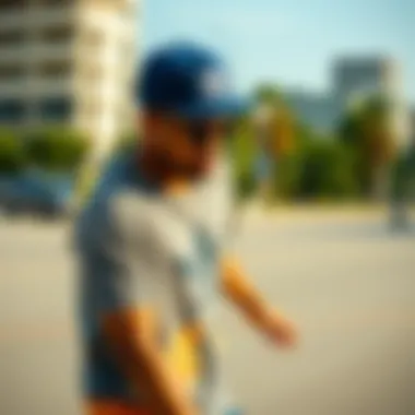 A skateboarder wearing a trendy adidas tee in an urban environment.