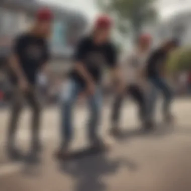 A group of skaters wearing branded apparel, representing community identity.