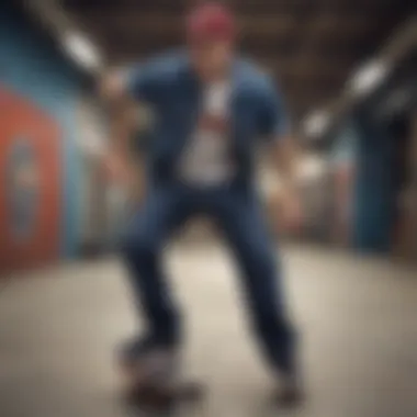 Skateboarder wearing a Dickies belt in action