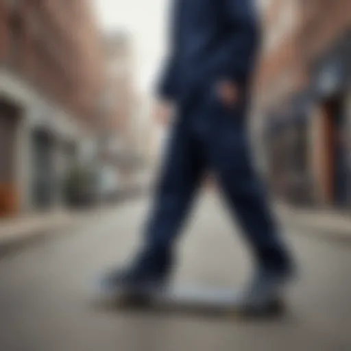 Navy blue Dickies pants styled in a skateboarding environment.